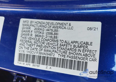 2021 Honda Accord Sport from USA, damaged, VIN 1HGCV1F39MA094872